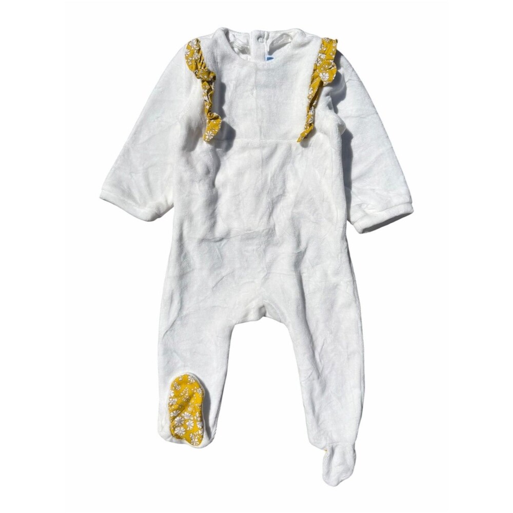 Jacadi Paris Baby Girl Velour Footie 6M Ivory Floral Ruffle Sleeper French
